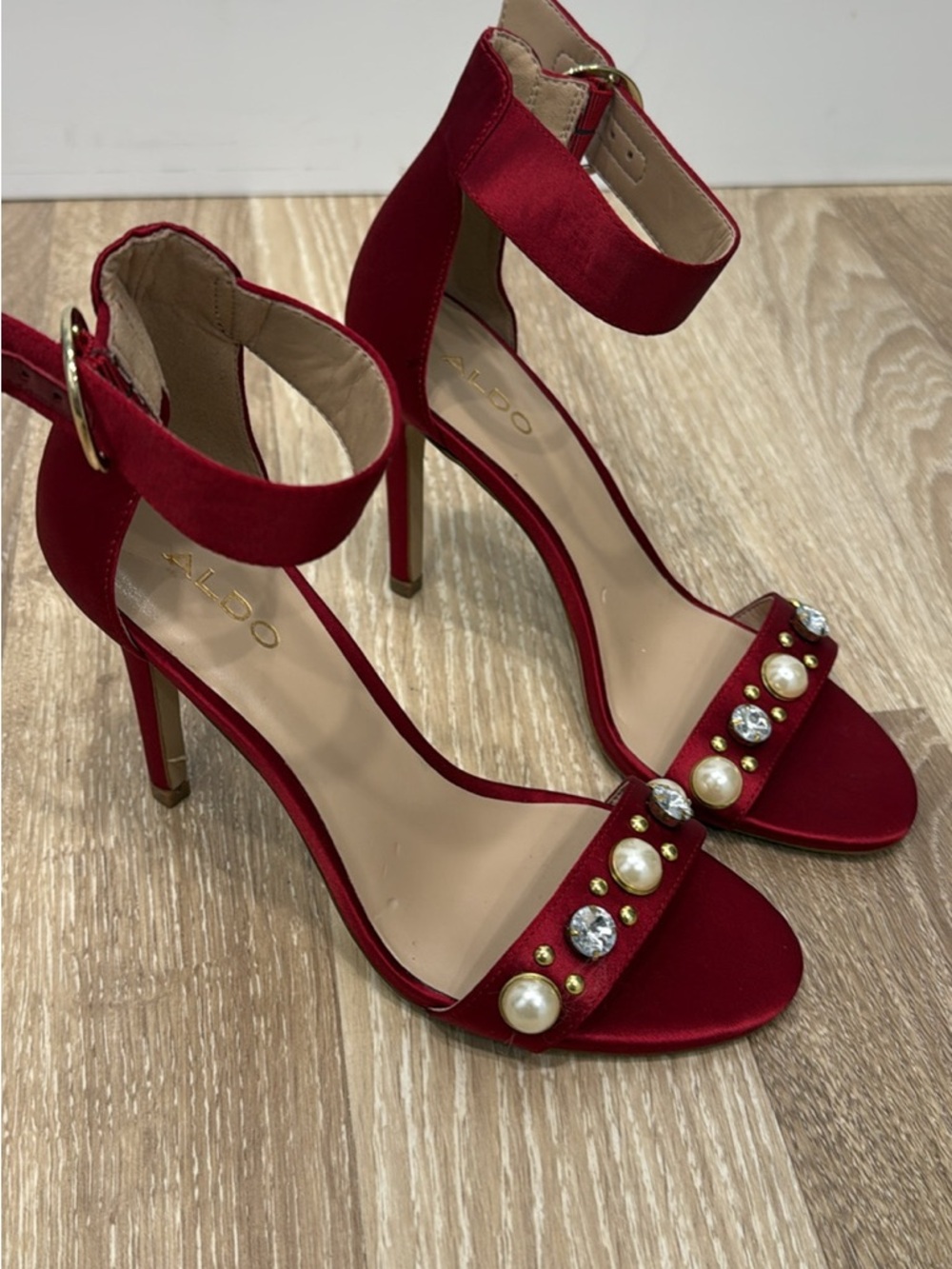 Aldo Red/Burgundy Satin Pearl & Crystal Ankle-Strap Heels